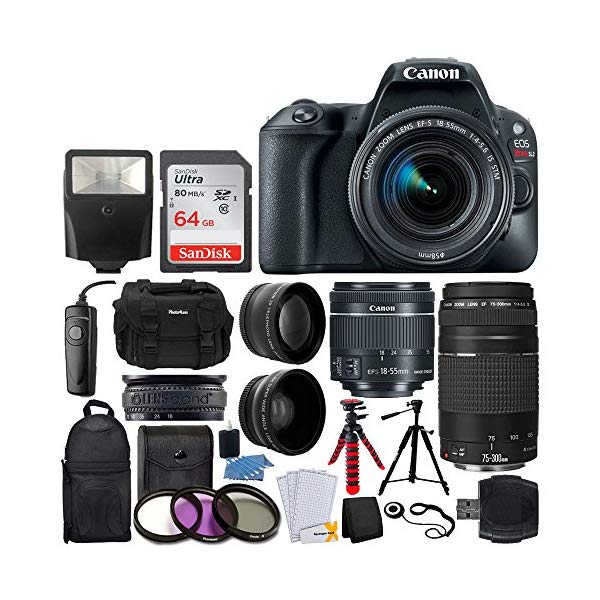 Canon EOS Rebel SL2 DSLR Camera + EF-S 18-55mm IS STM + EF 75-300mm III + 64GB Memory Card + Wide Angle & Telephoto + RS-60 Remote Switch + Slave Flash + Quality Tripod + Case & Backpack – Full Bundle